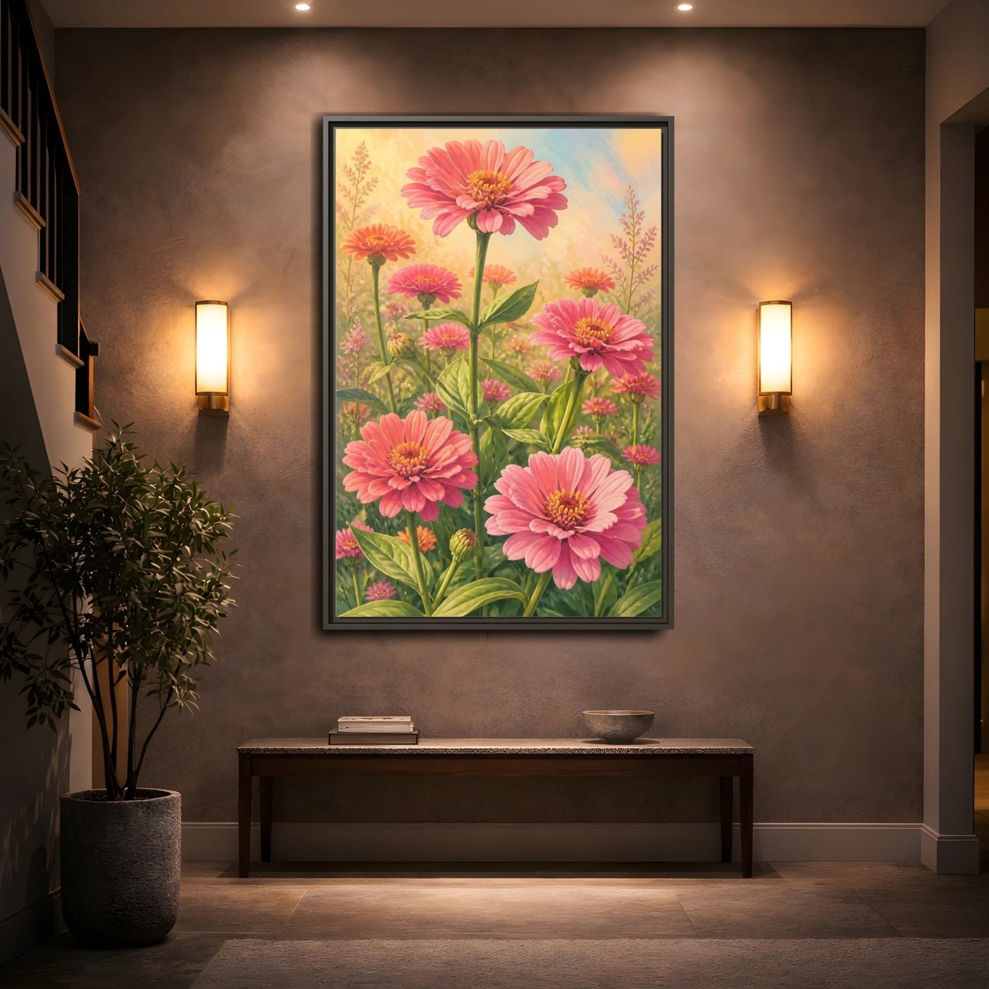 Floral Zinnia Flowers Pink Framed Canvas Print – Living Room, Above Console Table - YesArtYes