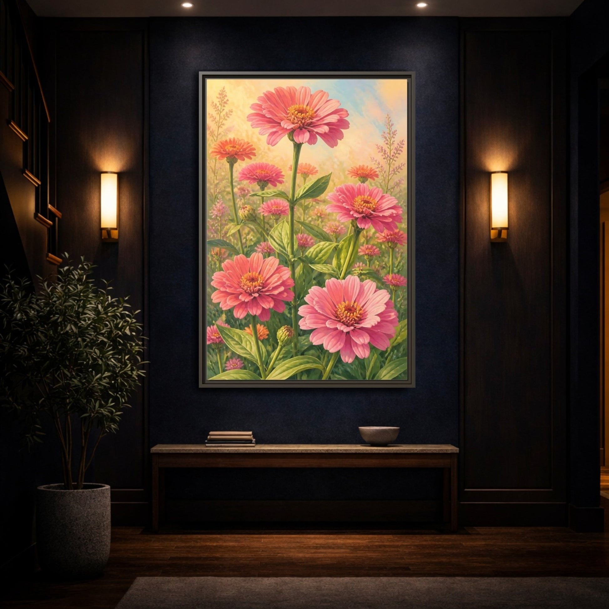 Floral Zinnia Flowers Pink Framed Canvas Print – Living Room, Above Console Table - YesArtYes