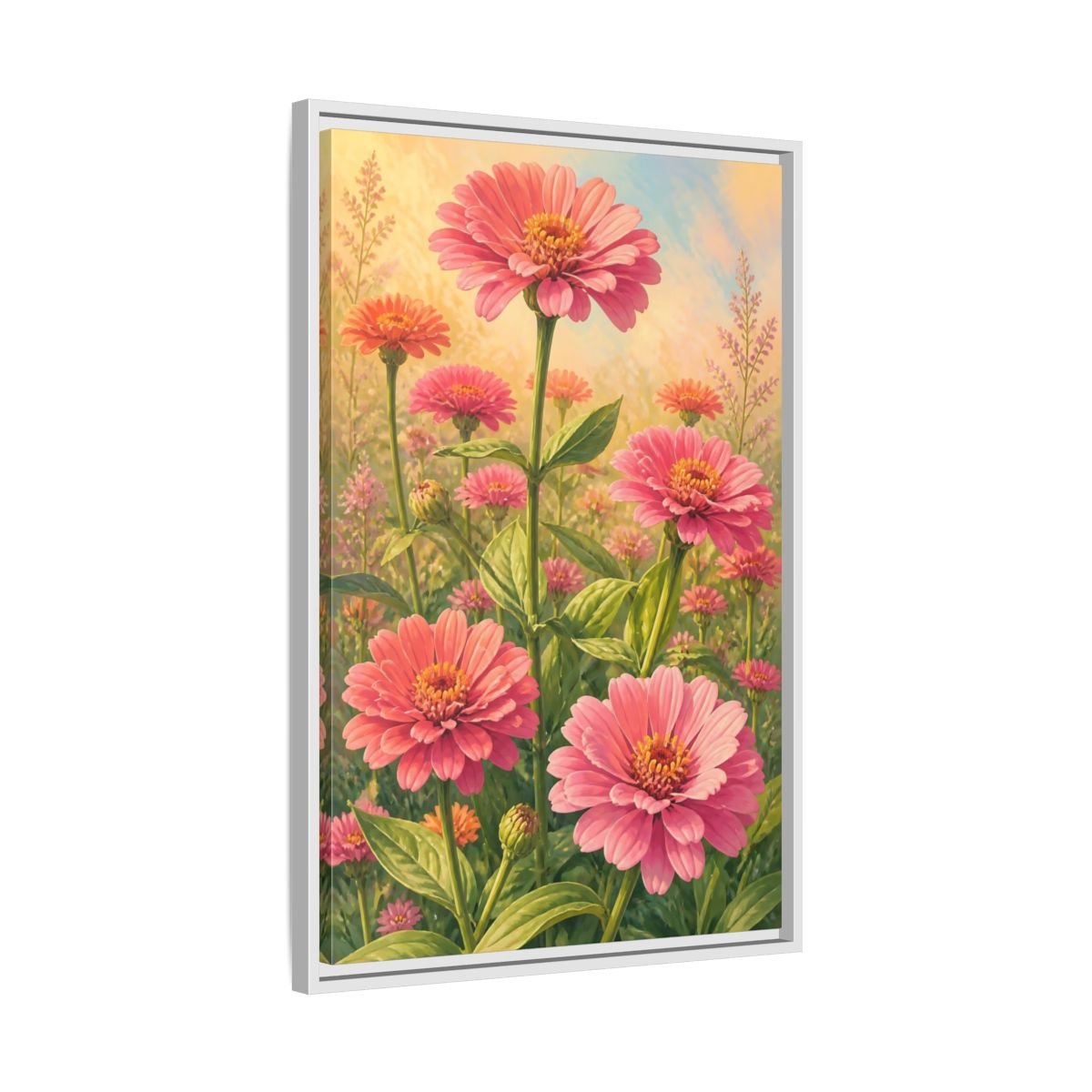 Floral Zinnia Flowers Pink Framed Canvas Print – Living Room, Above Console Table - YesArtYes