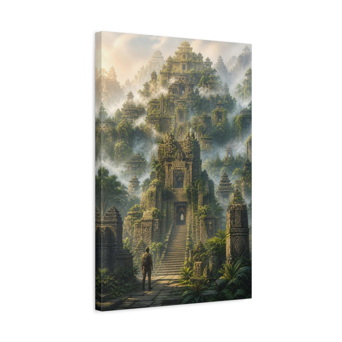 Side Mockup 3. Fogbound Temple Ascent shown as canvas print