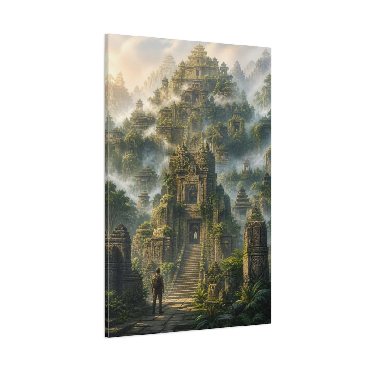 Side Mockup 1. Fogbound Temple Ascent shown as canvas print