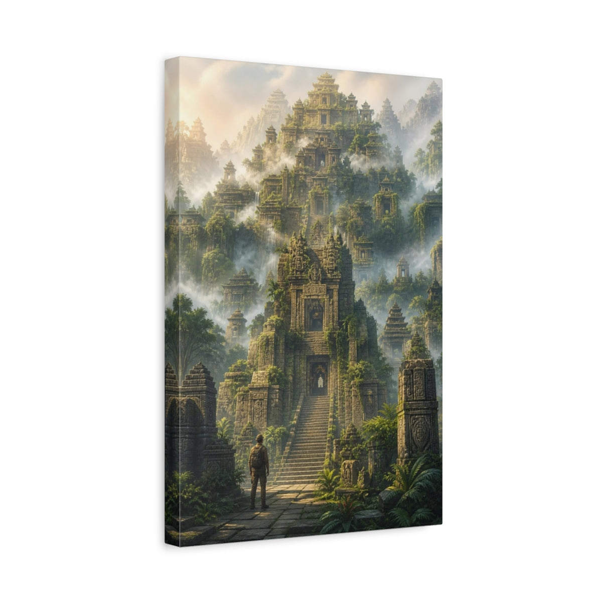 Side Mockup 4. Fogbound Temple Ascent shown as canvas print