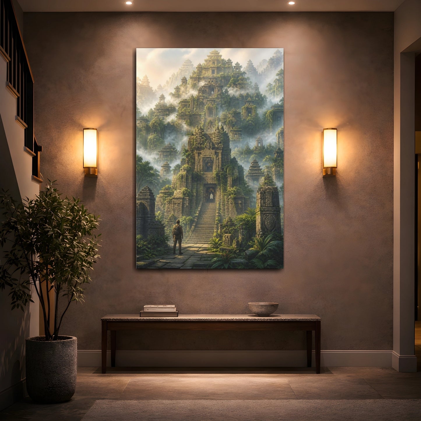 Mockup 2. Fogbound Temple Ascent shown as canvas print