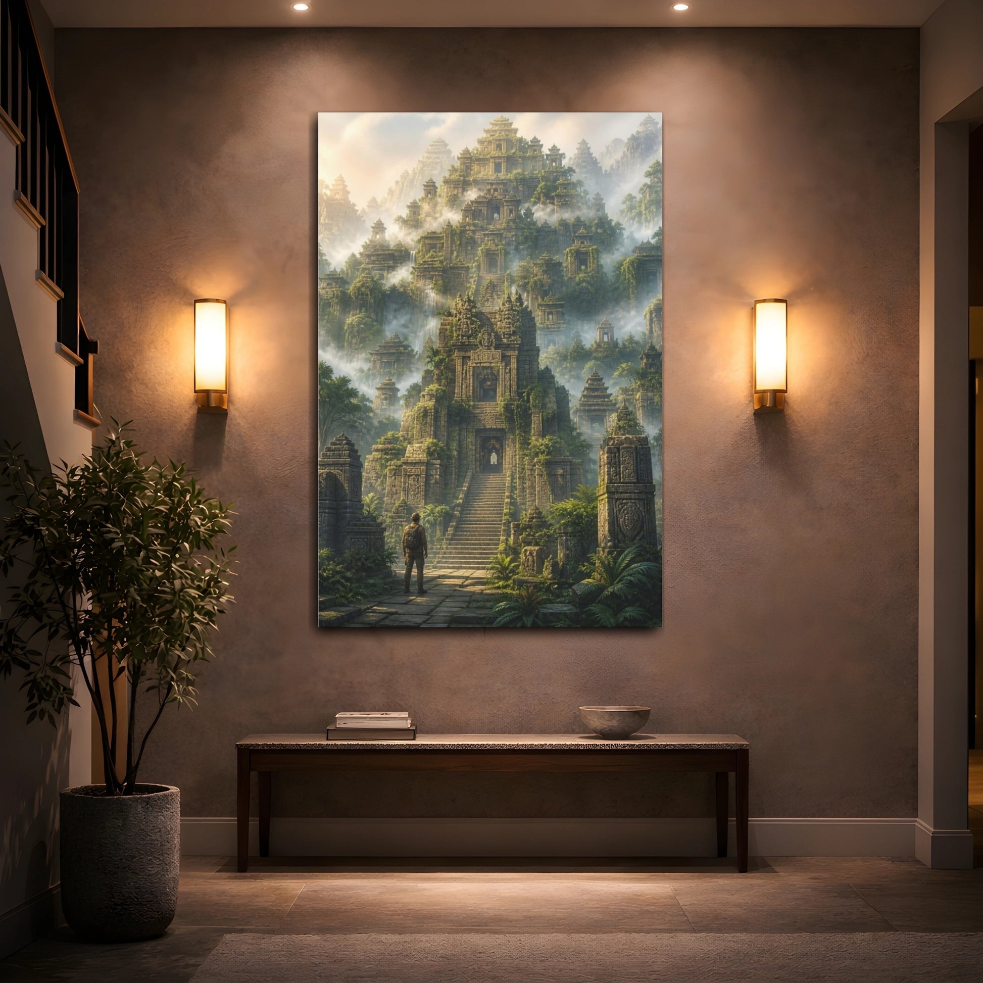 Mockup 2. Fogbound Temple Ascent shown as canvas print