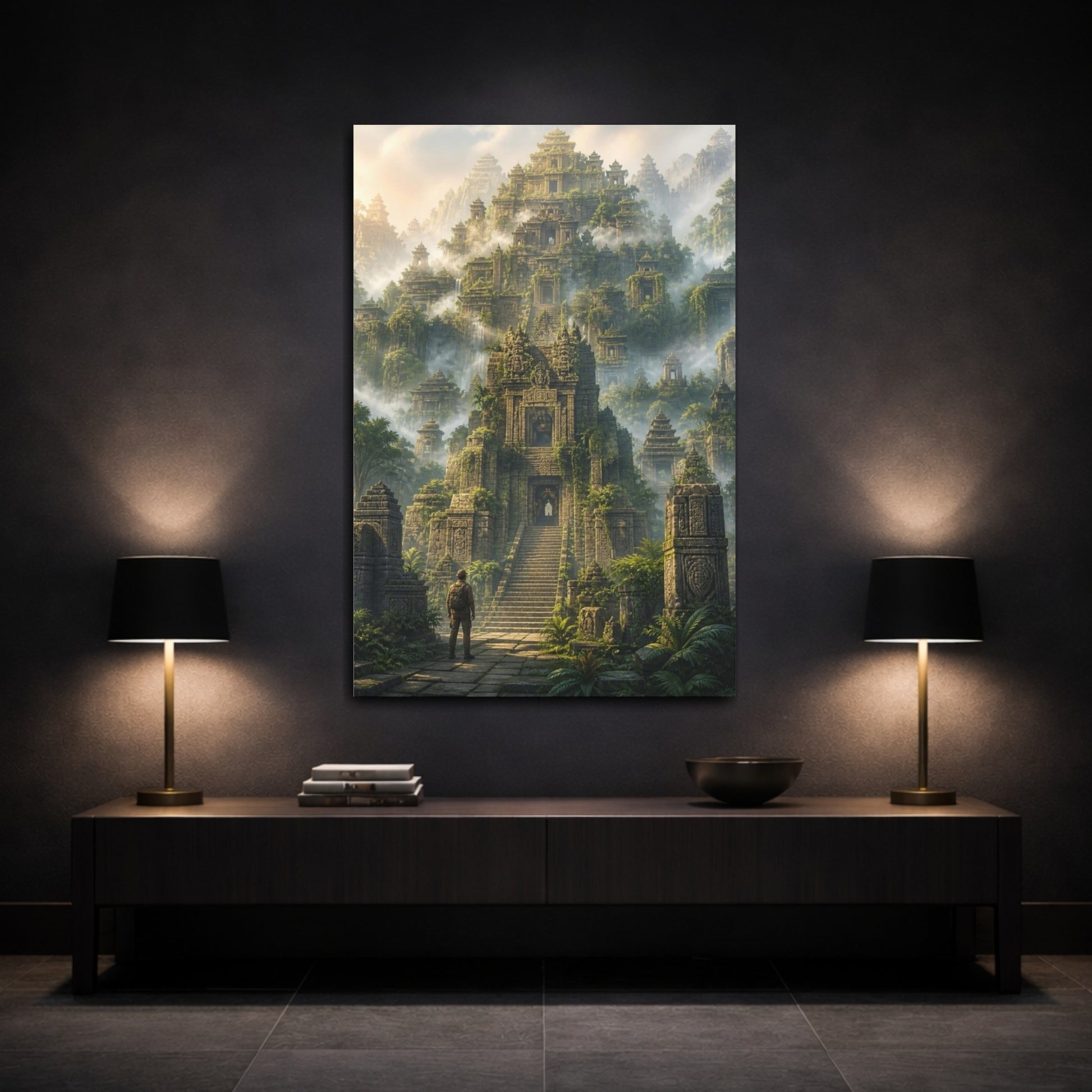 Mockup 3. Fogbound Temple Ascent shown as canvas print