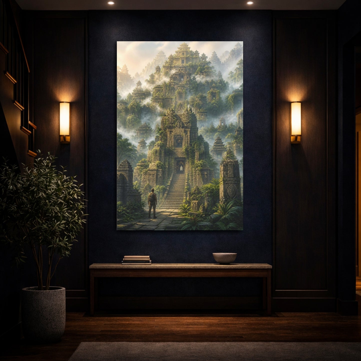 Mockup 4. Fogbound Temple Ascent shown as canvas print