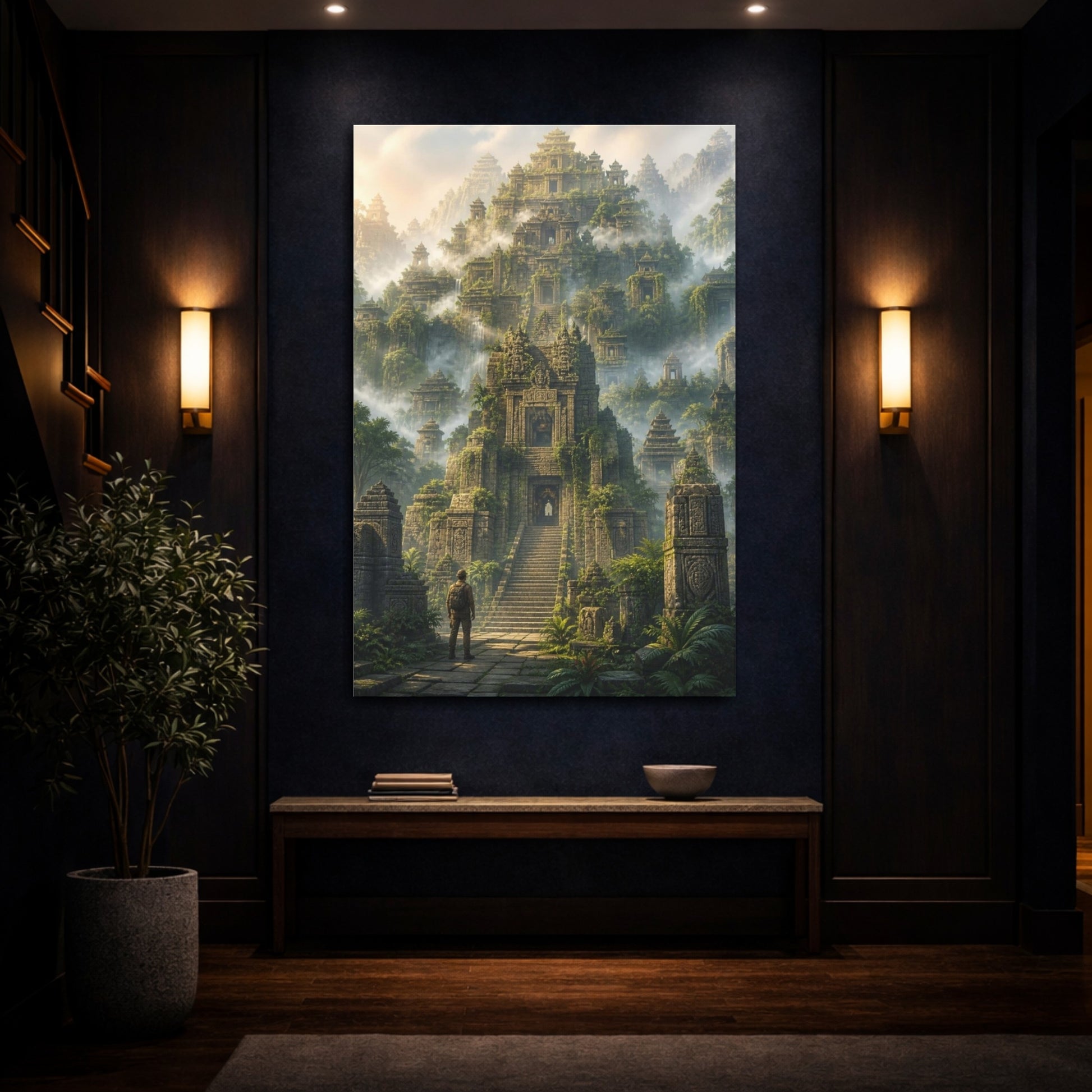 Mockup 4. Fogbound Temple Ascent shown as canvas print