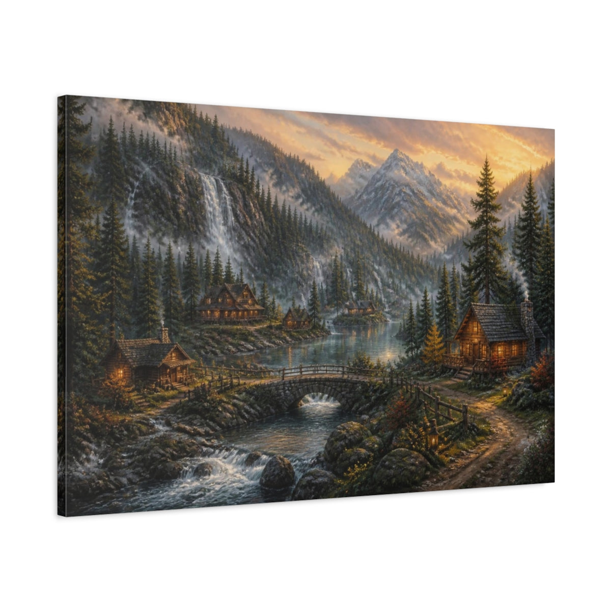 Main Mockup. Foggy Dawn Forest Valley shown as canvas print