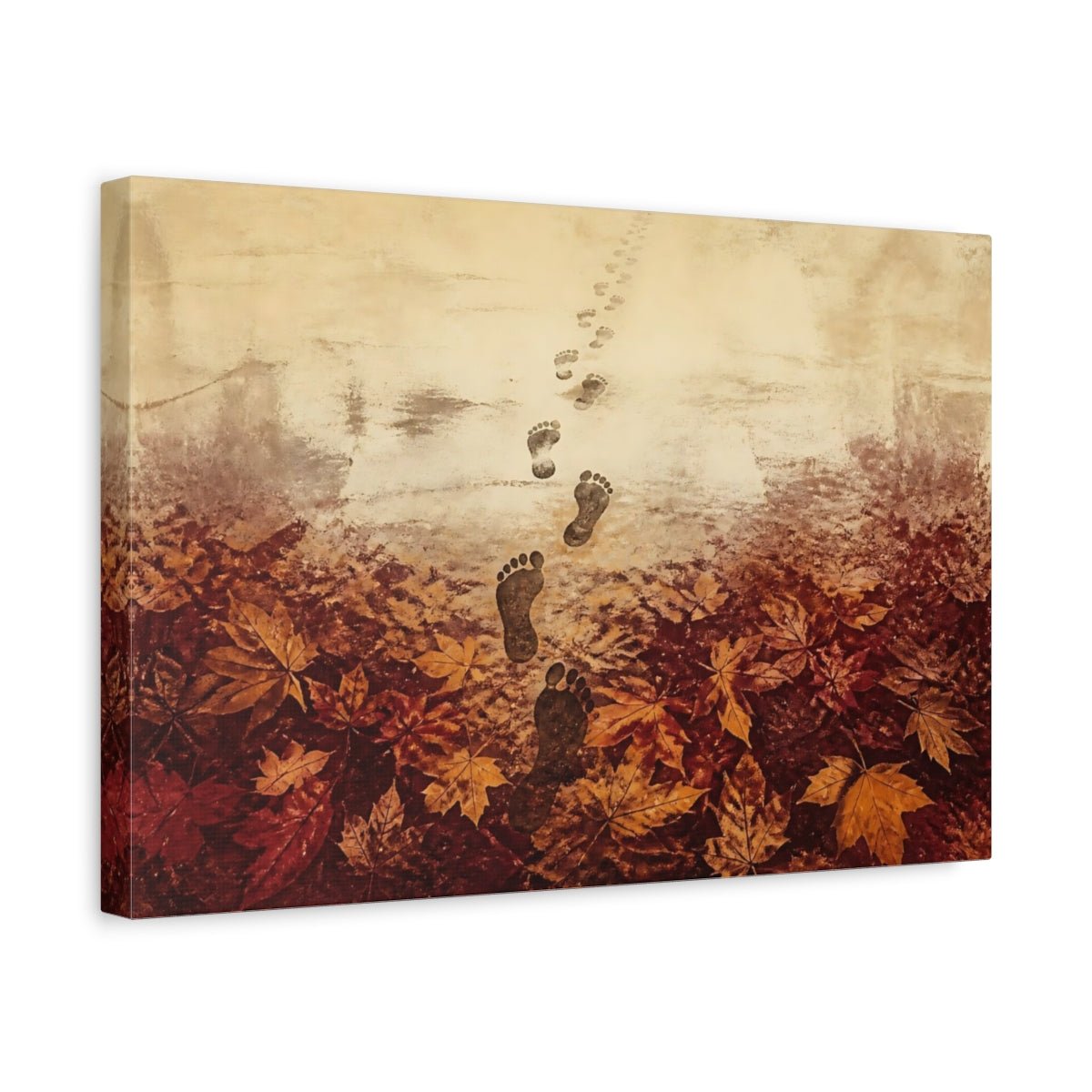 Footprints Through Autumn Leaves Canvas Print – Living Room, Above Sofa, Warm Sepia - YesArtYes