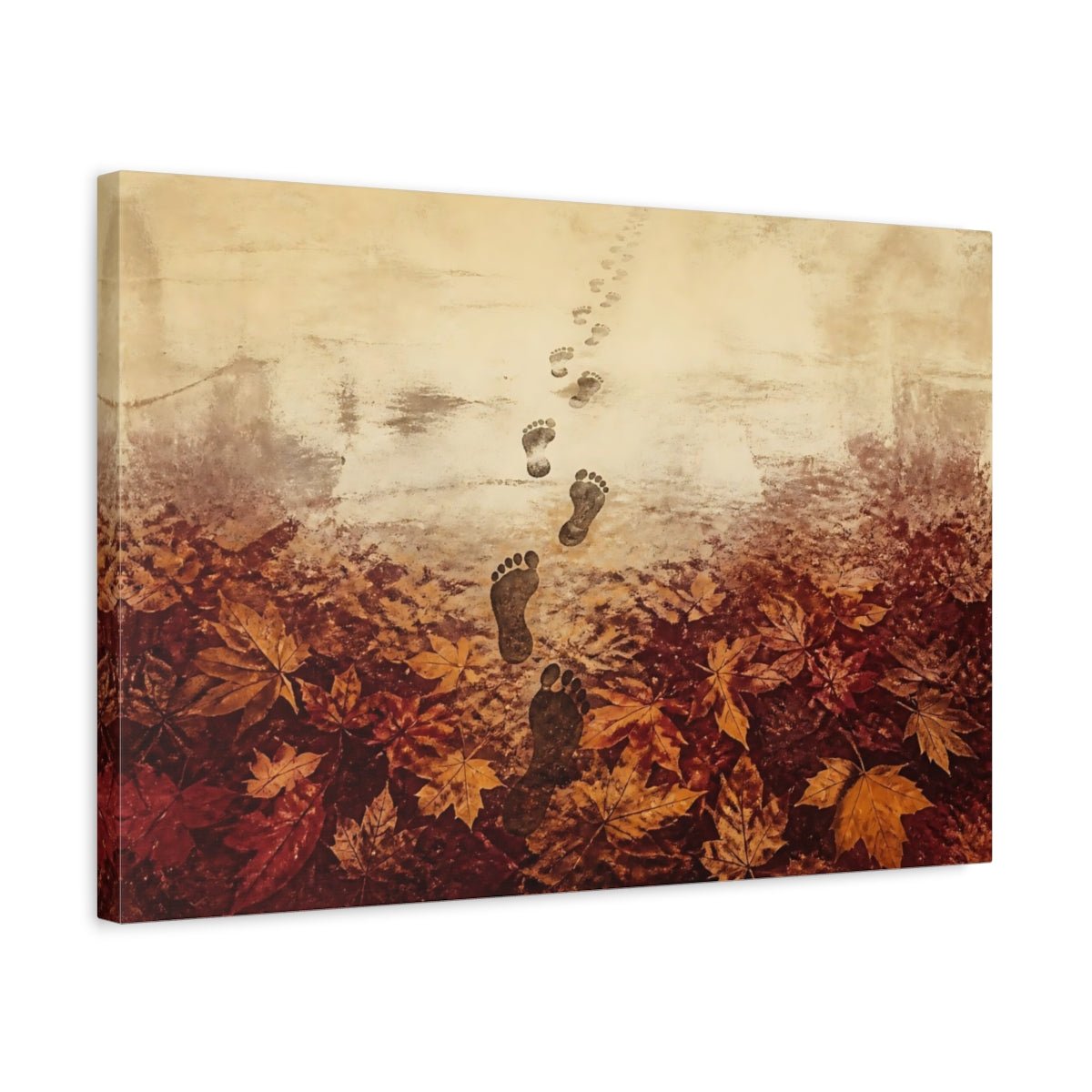 Footprints Through Autumn Leaves Canvas Print – Living Room, Above Sofa, Warm Sepia - YesArtYes