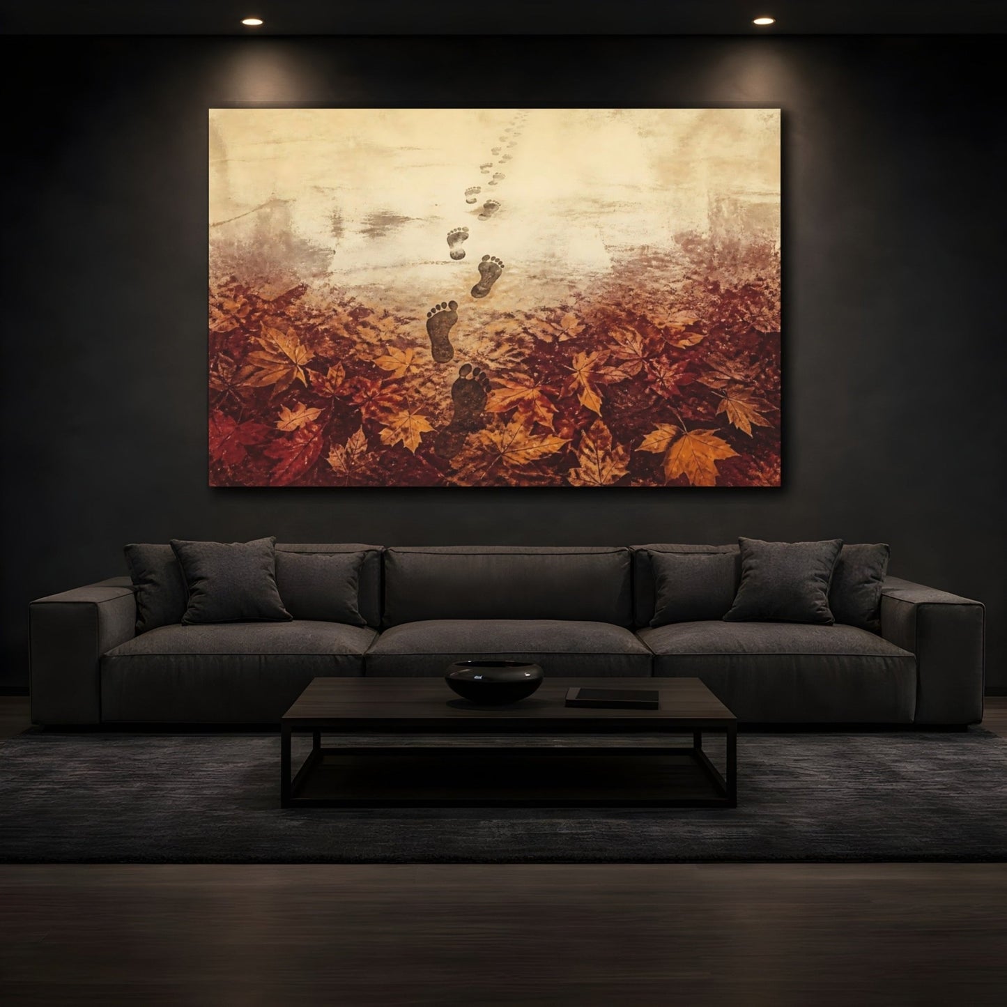 Footprints Through Autumn Leaves Canvas Print – Living Room, Above Sofa, Warm Sepia - YesArtYes