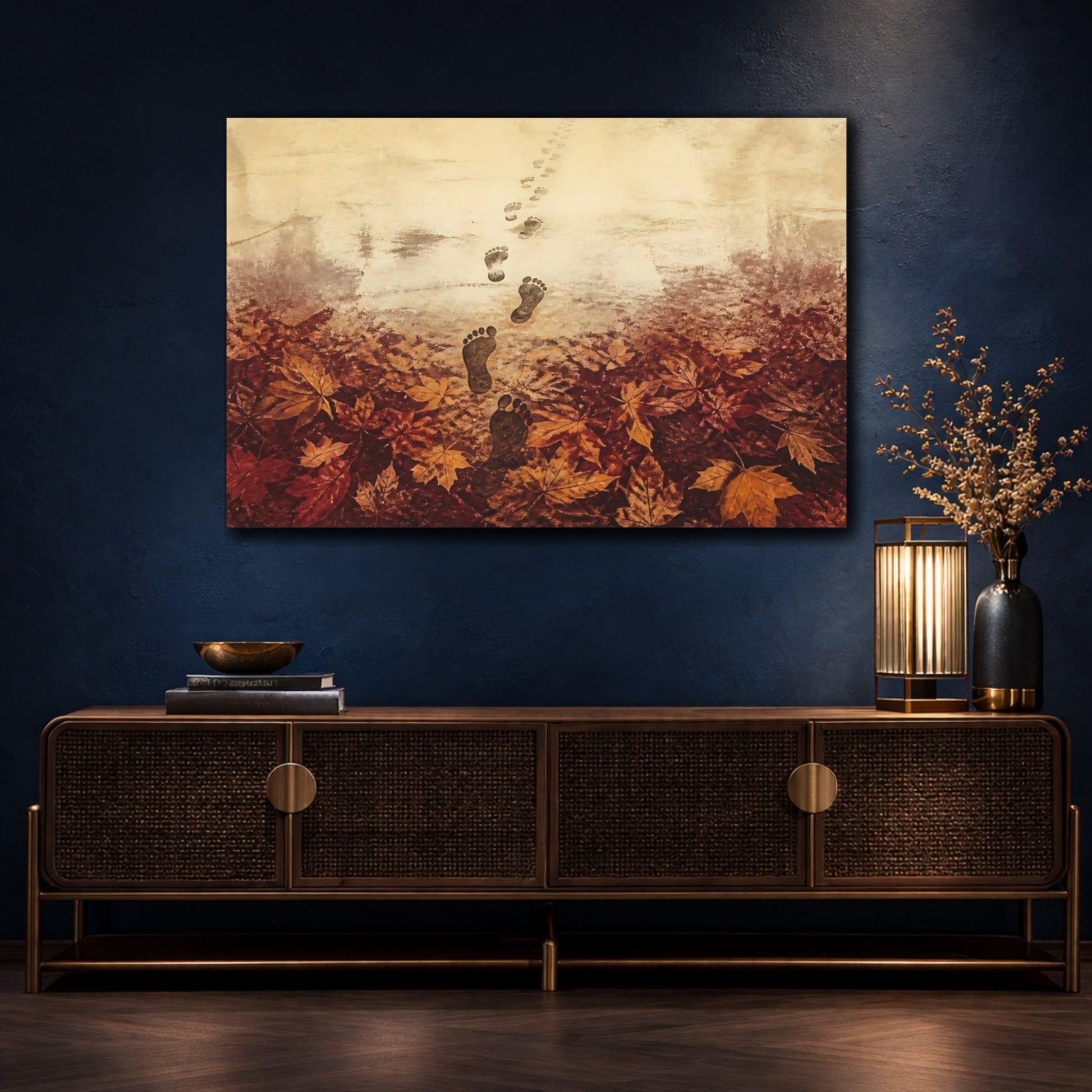 Footprints Through Autumn Leaves Canvas Print – Living Room, Above Sofa, Warm Sepia - YesArtYes