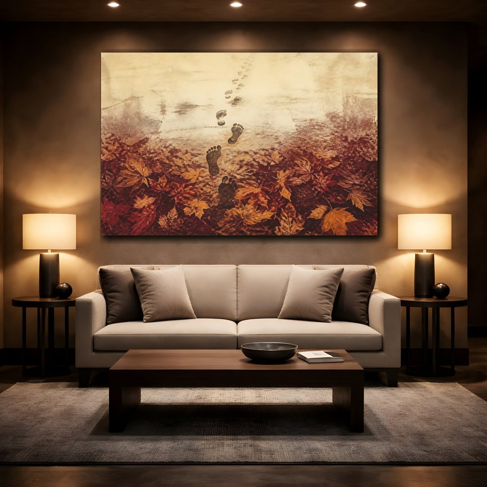 Footprints Through Autumn Leaves Canvas Print – Living Room, Above Sofa, Warm Sepia - YesArtYes