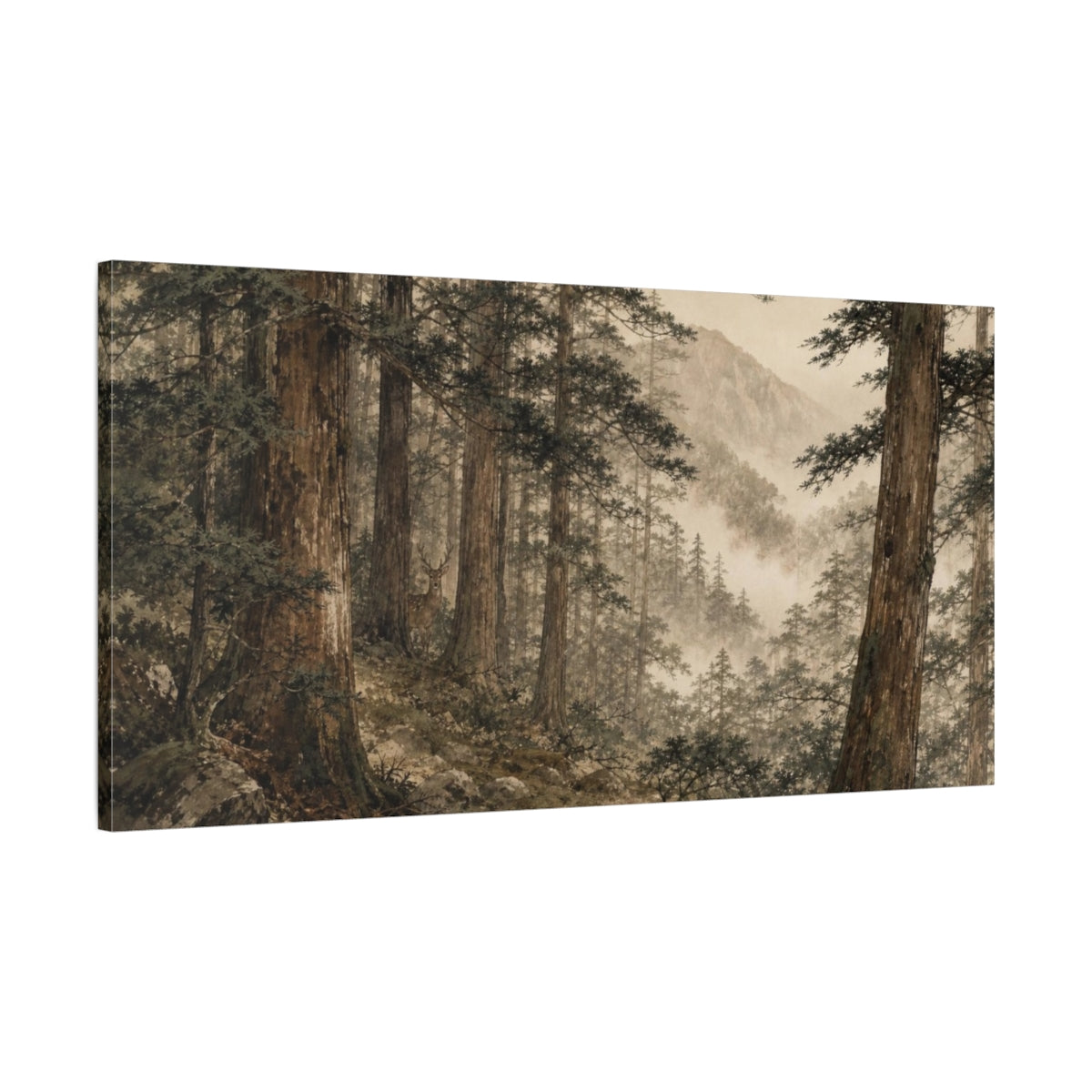 Main Mockup. Forest Deer Nature Misty shown as canvas print