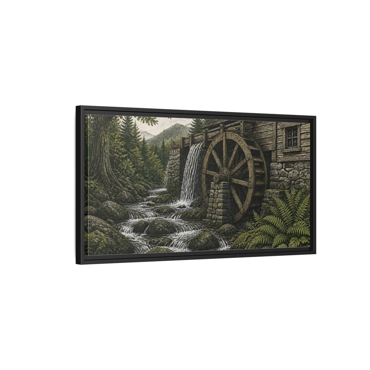 Side Mockup 2. Forest Watermill Retreat shown as framed canvas print