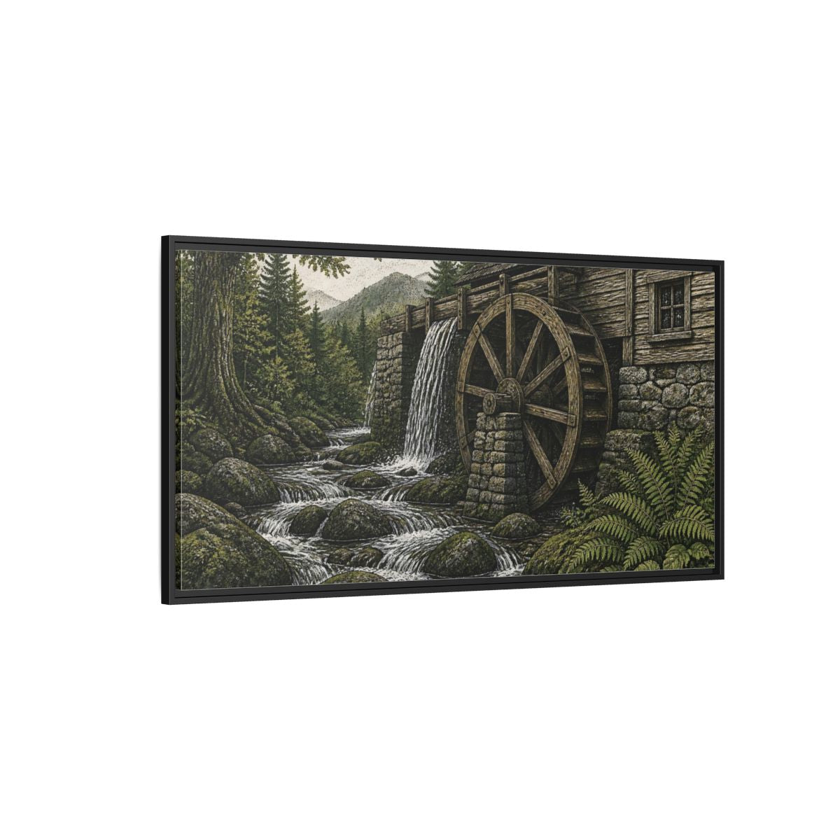 Side Mockup 5. Forest Watermill Retreat shown as framed canvas print