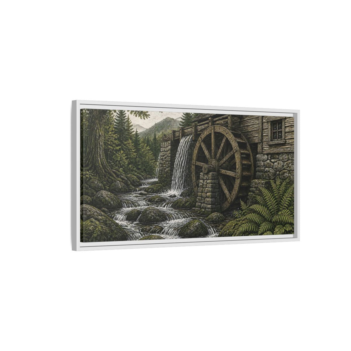 Side Mockup 1. Forest Watermill Retreat shown as framed canvas print