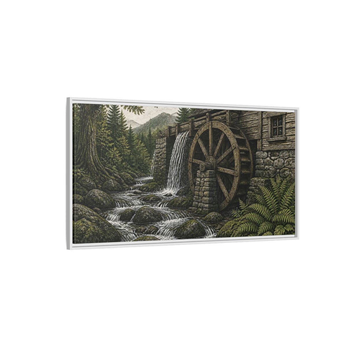 Side Mockup 3. Forest Watermill Retreat shown as framed canvas print