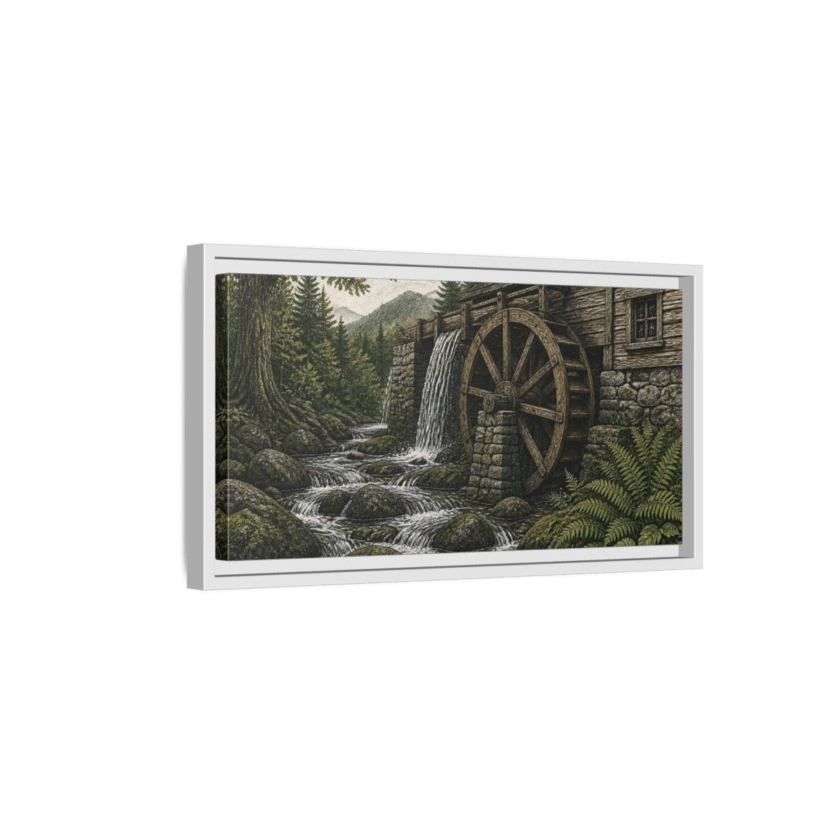 Side Mockup 6. Forest Watermill Retreat shown as framed canvas print