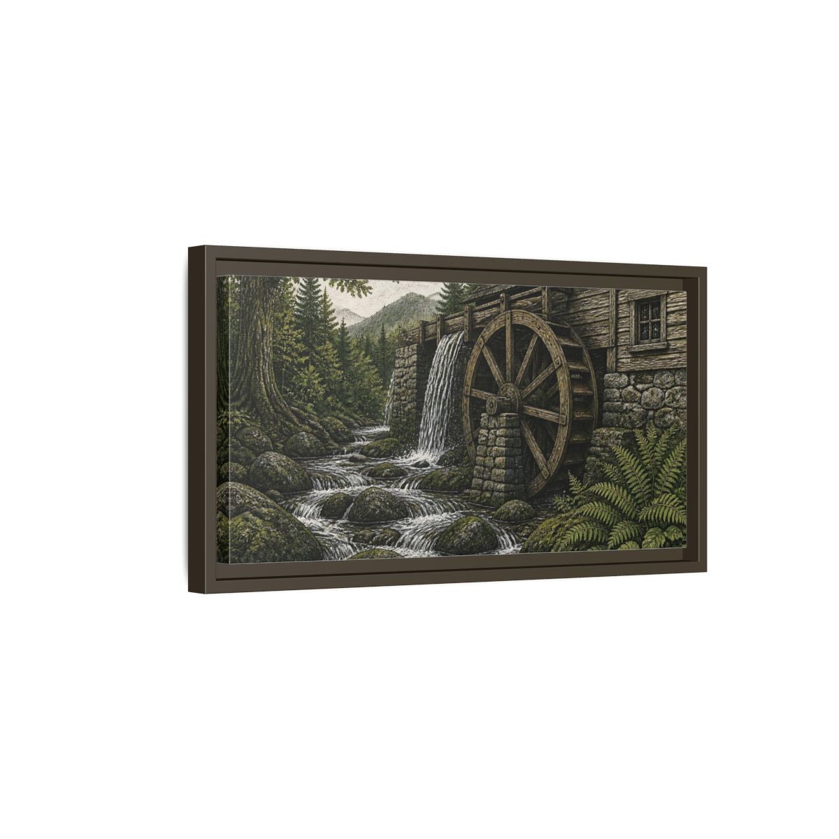Side Mockup 7. Forest Watermill Retreat shown as framed canvas print