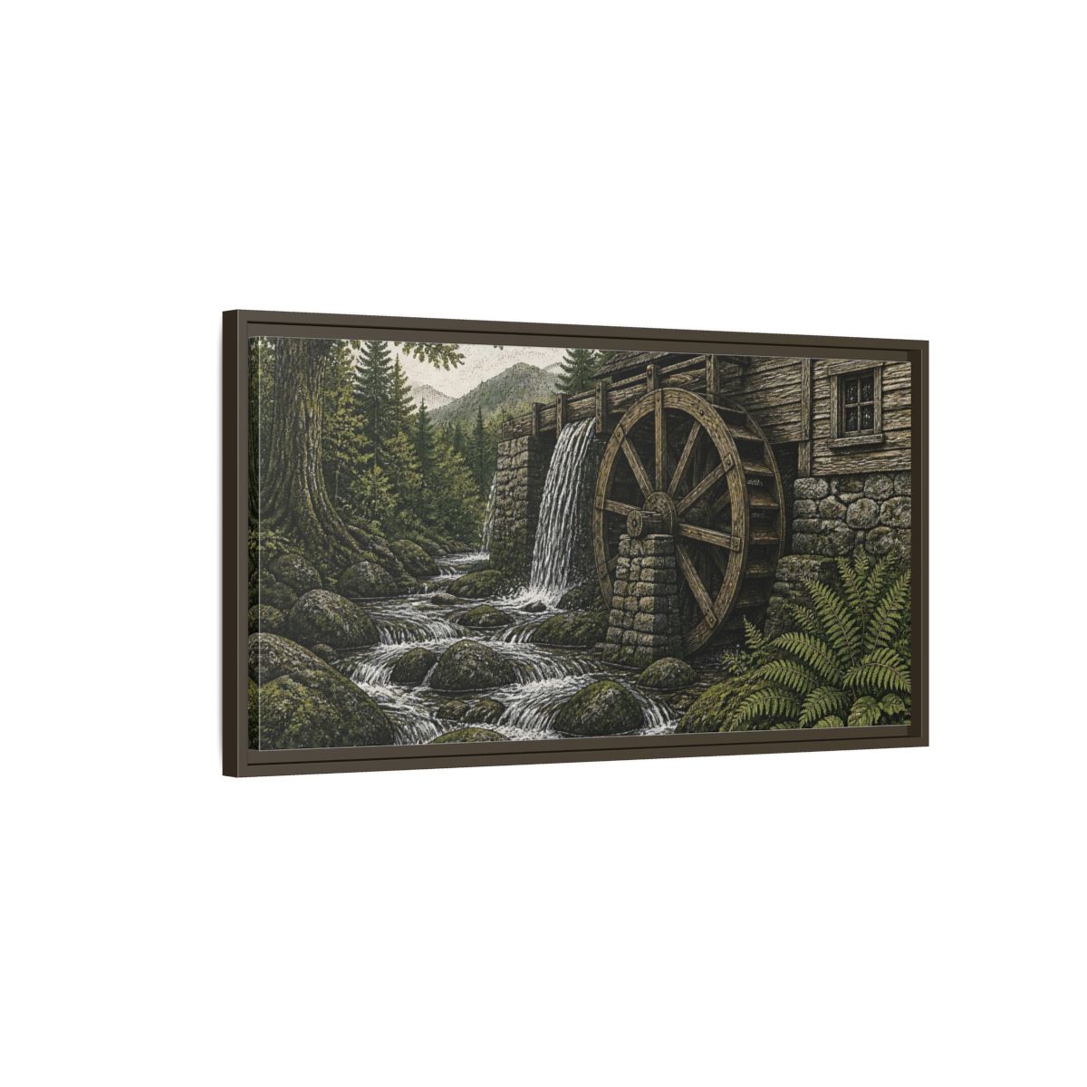 Main Mockup. Forest Watermill Retreat shown as framed canvas print