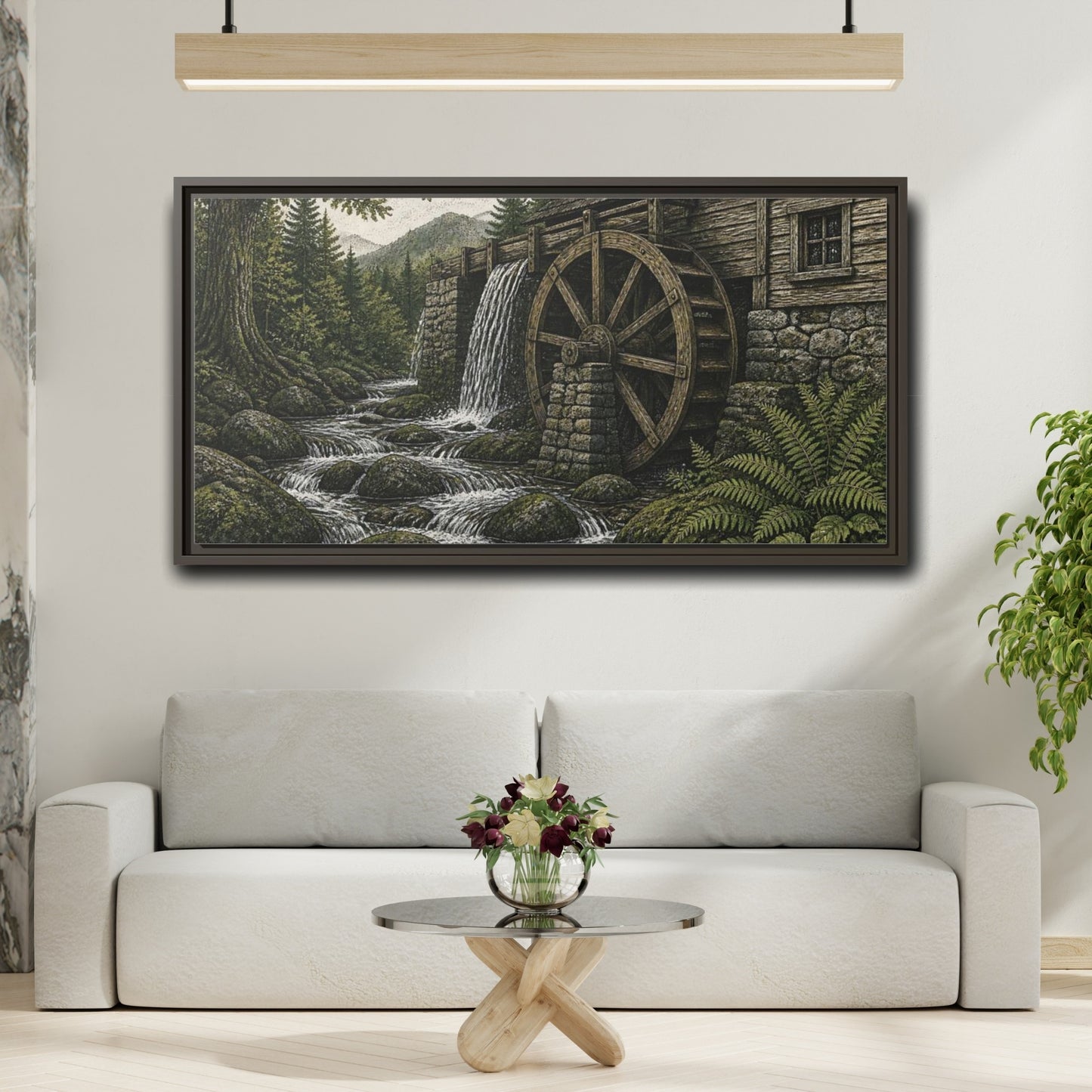Mockup 2. Forest Watermill Retreat shown as framed canvas print