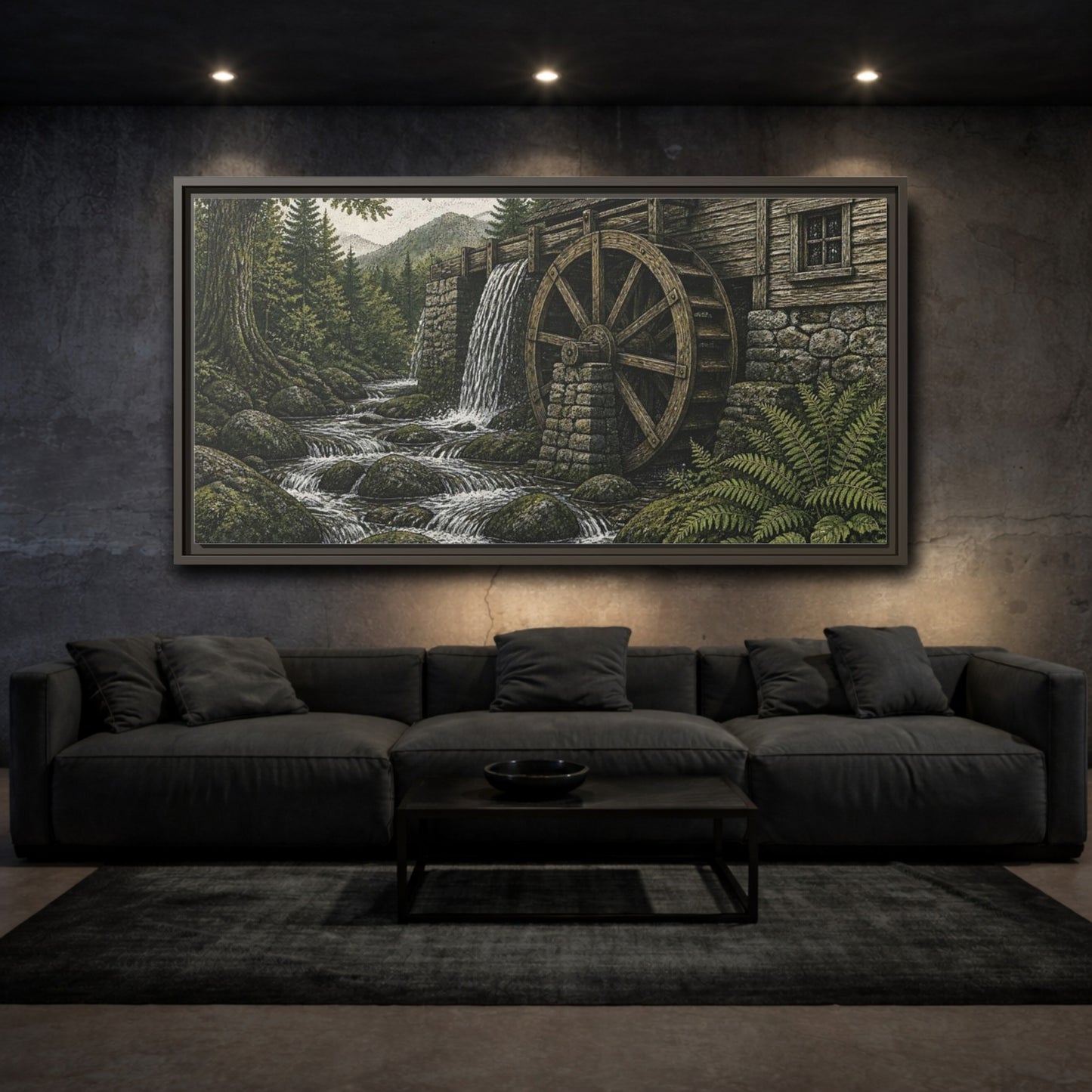 Mockup 3. Forest Watermill Retreat shown as framed canvas print