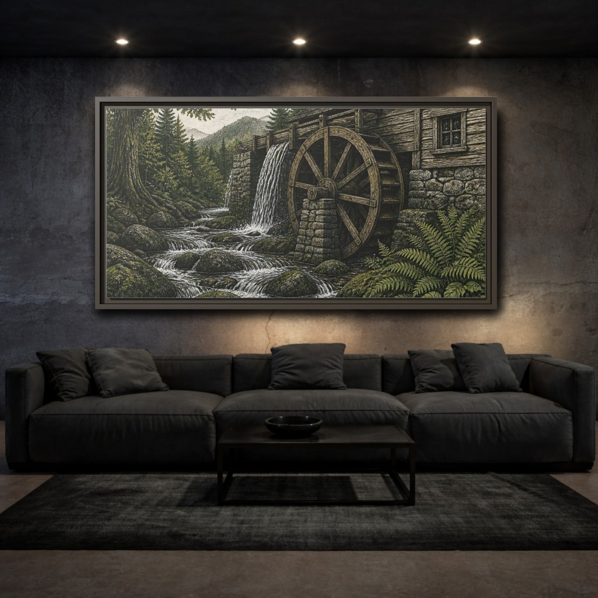Mockup 3. Forest Watermill Retreat shown as framed canvas print