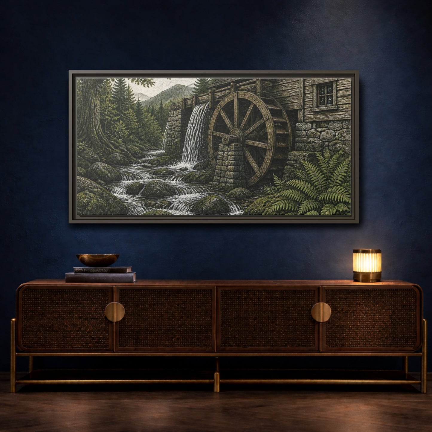 Mockup 4. Forest Watermill Retreat shown as framed canvas print