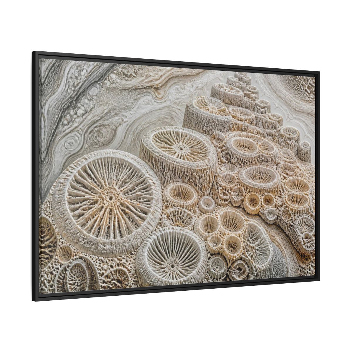 Side Mockup 12. Fossil Coral Close-Up shown as framed canvas print