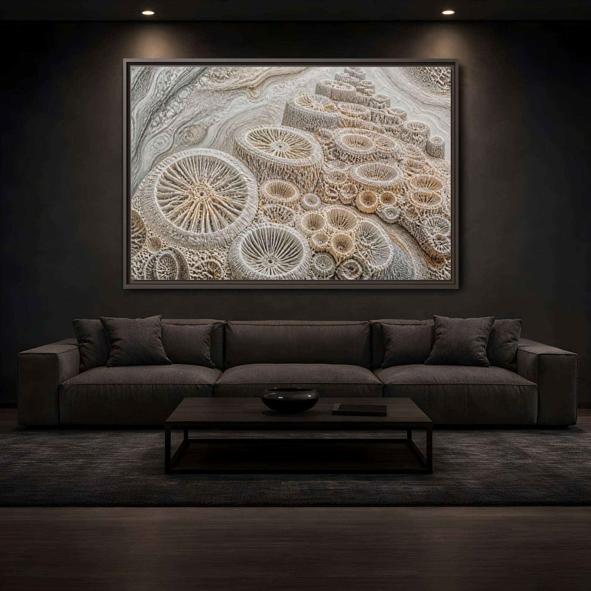 Mockup 3. Fossil Coral Close-Up shown as framed canvas print