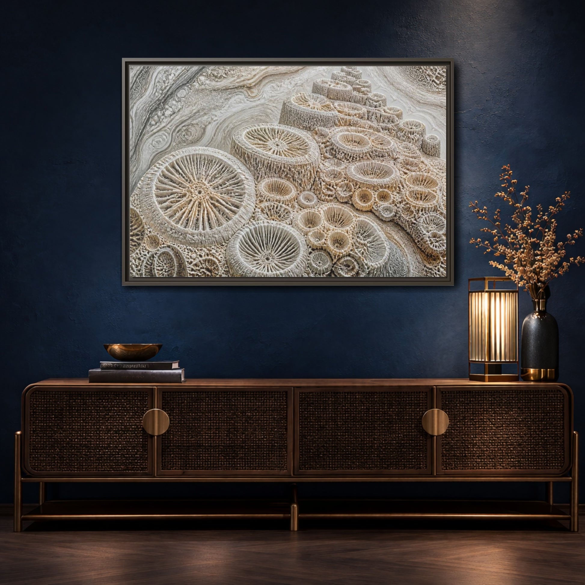 Mockup 4. Fossil Coral Close-Up shown as framed canvas print