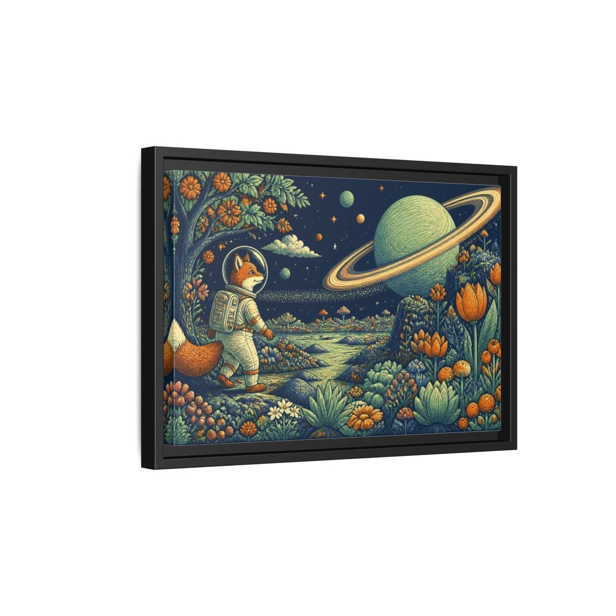 Fox Astronaut Kids Room Framed Canvas Print – Playroom Wall, Navy, Orange, Mint - YesArtYes