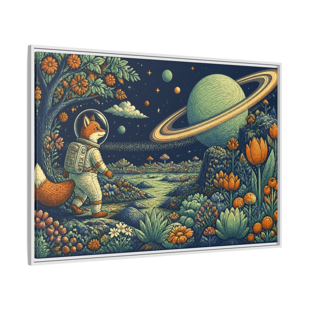 Fox Astronaut Kids Room Framed Canvas Print – Playroom Wall, Navy, Orange, Mint - YesArtYes