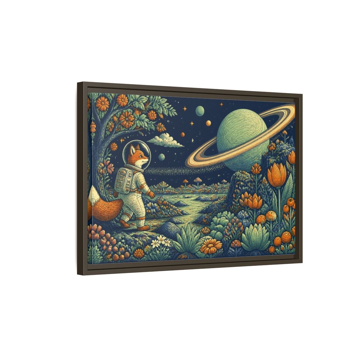 Fox Astronaut Kids Room Framed Canvas Print – Playroom Wall, Navy, Orange, Mint - YesArtYes