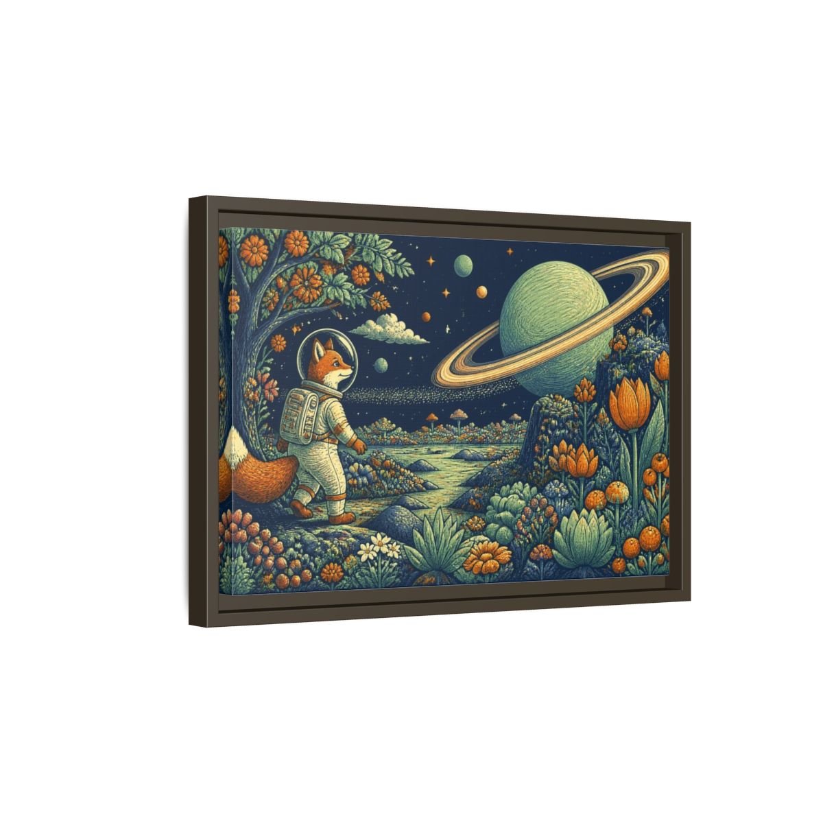Fox Astronaut Kids Room Framed Canvas Print – Playroom Wall, Navy, Orange, Mint - YesArtYes