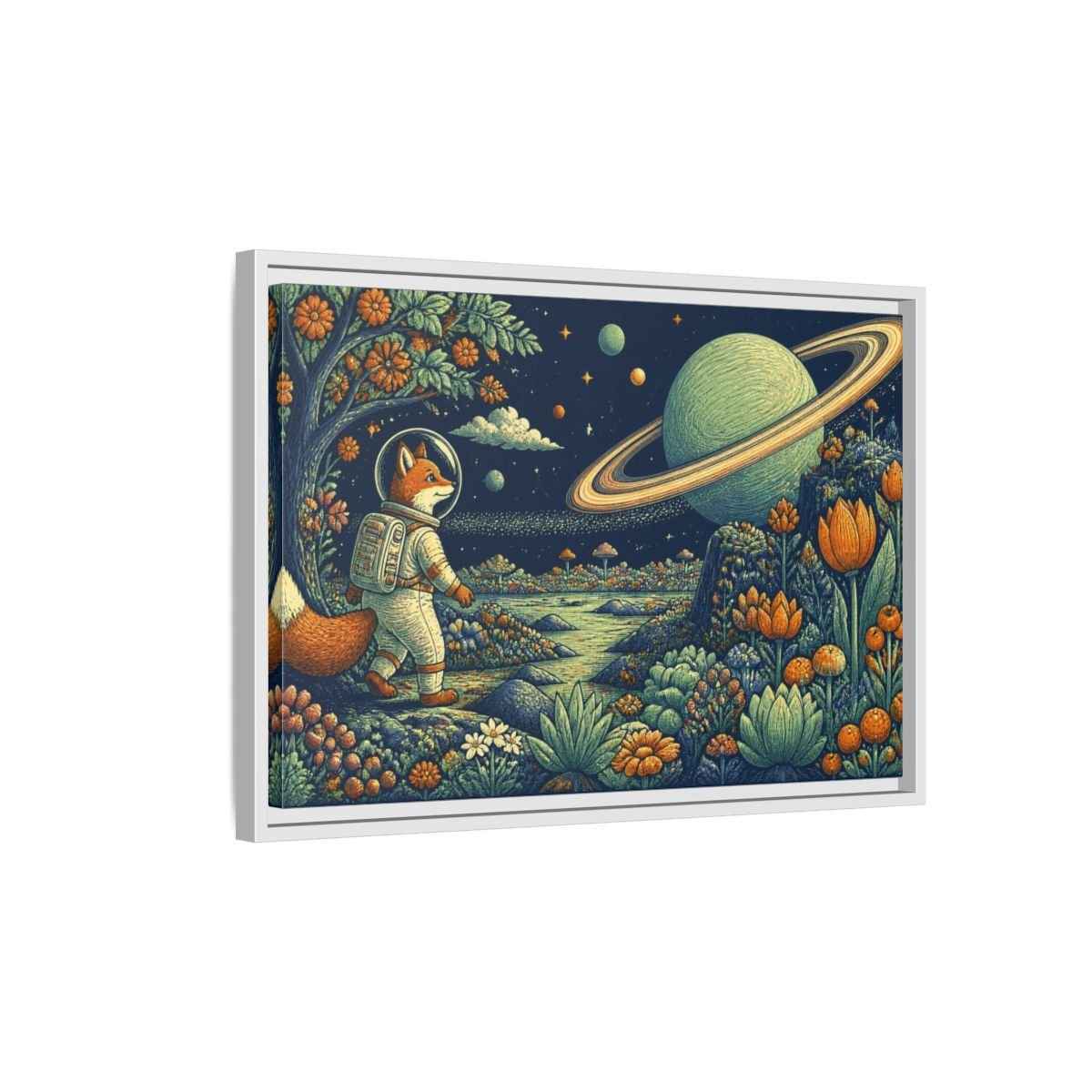 Fox Astronaut Kids Room Framed Canvas Print – Playroom Wall, Navy, Orange, Mint - YesArtYes