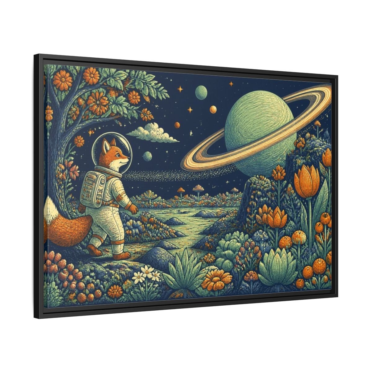 Fox Astronaut Kids Room Framed Canvas Print – Playroom Wall, Navy, Orange, Mint - YesArtYes