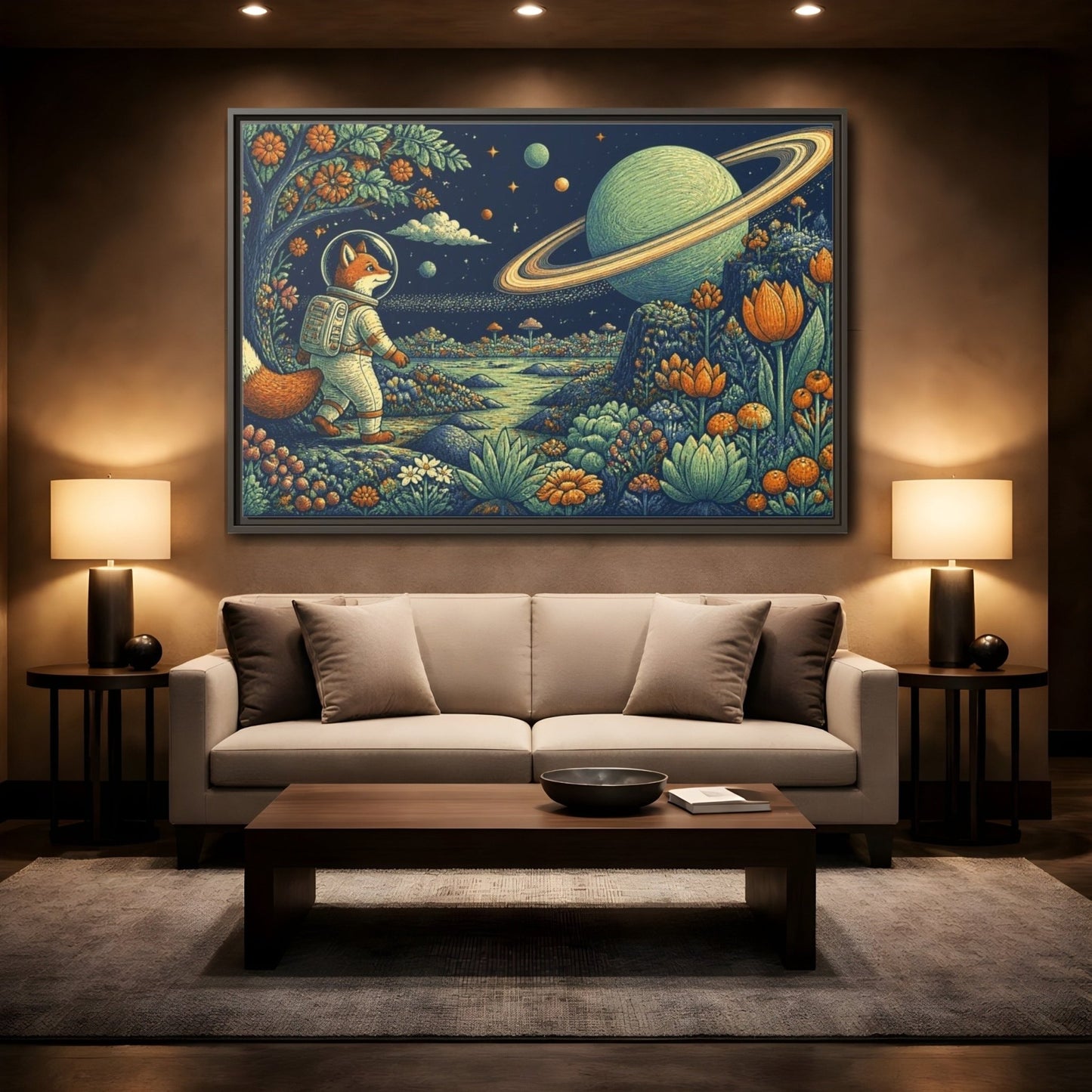 Fox Astronaut Kids Room Framed Canvas Print – Playroom Wall, Navy, Orange, Mint - YesArtYes