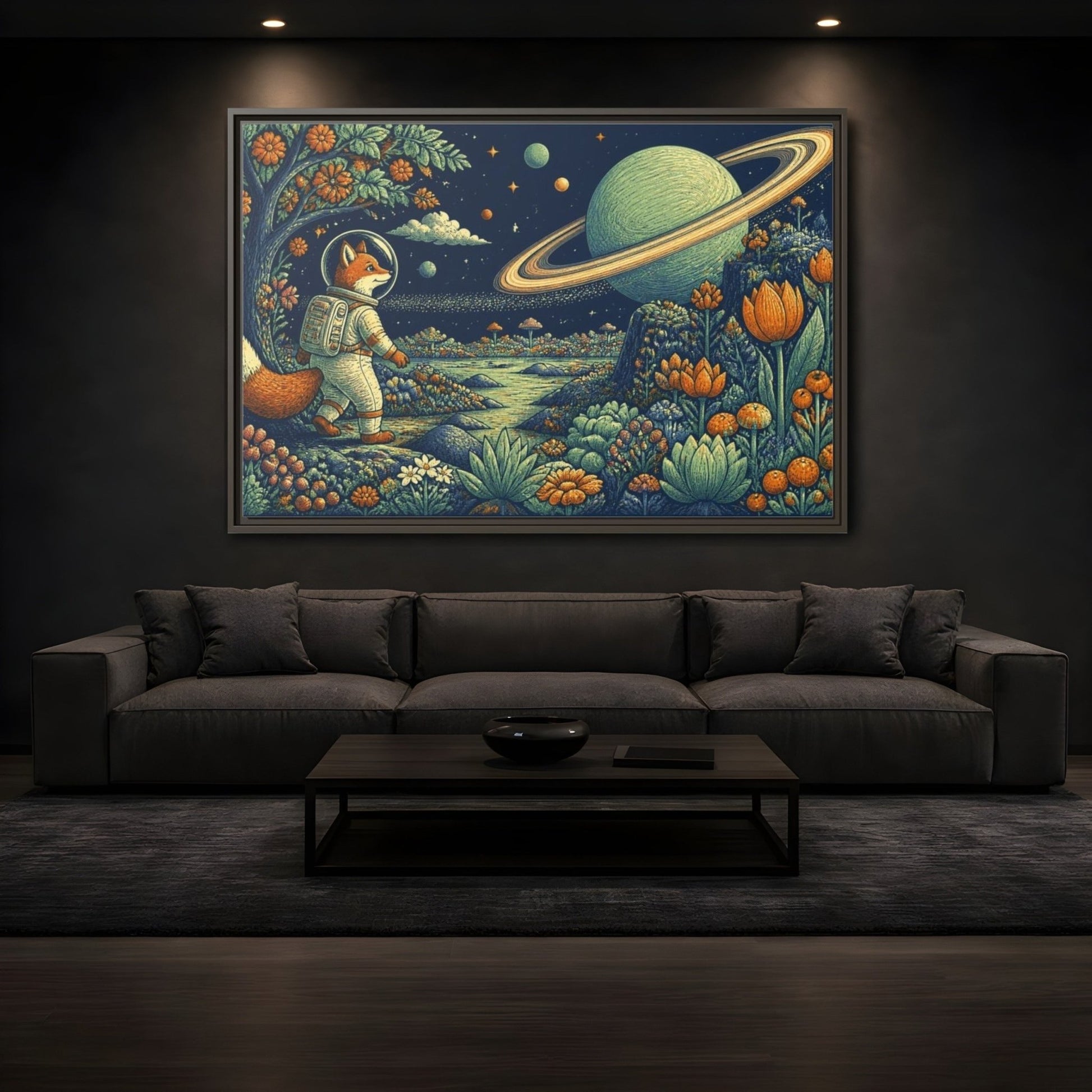 Fox Astronaut Kids Room Framed Canvas Print – Playroom Wall, Navy, Orange, Mint - YesArtYes