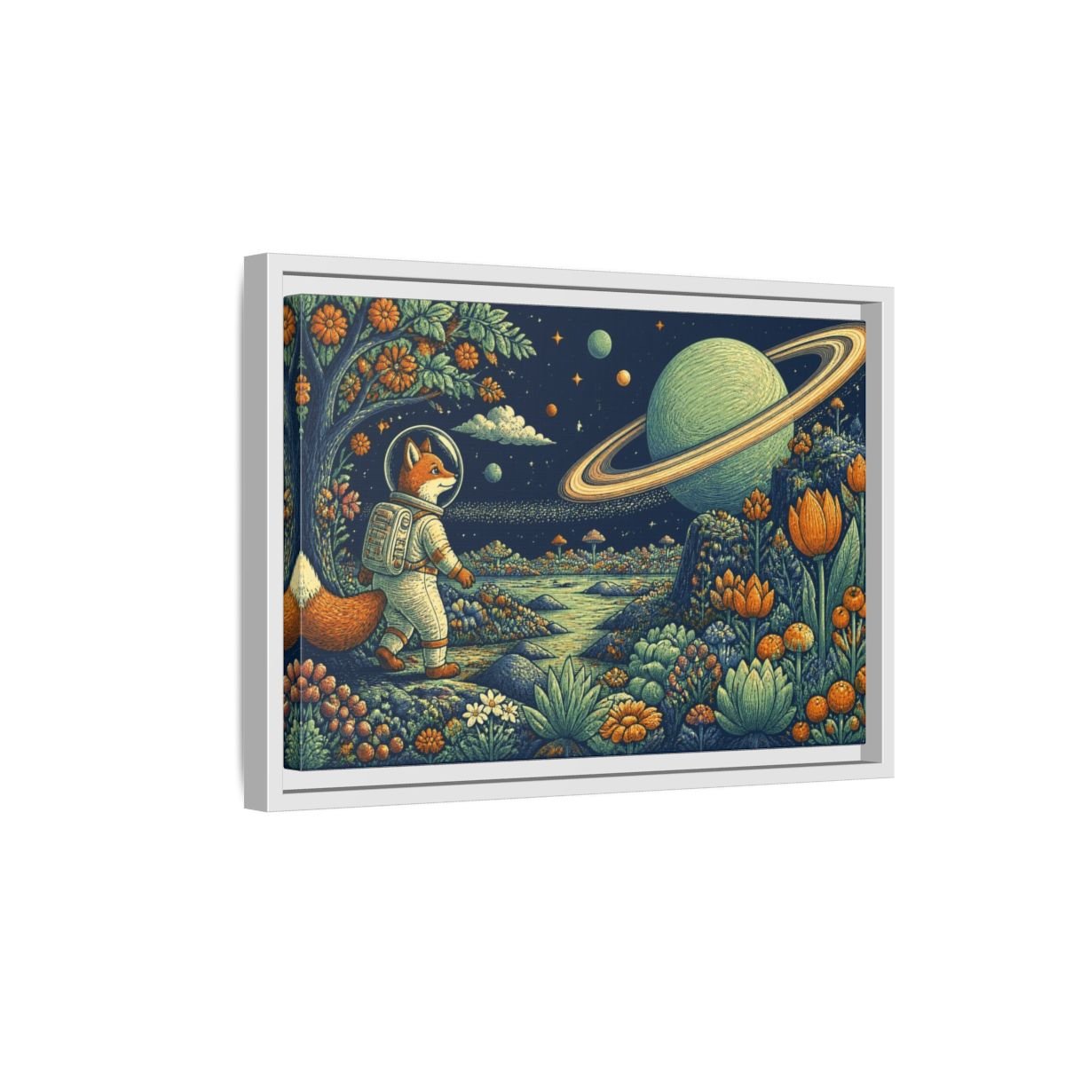 Fox Astronaut Kids Room Framed Canvas Print – Playroom Wall, Navy, Orange, Mint - YesArtYes