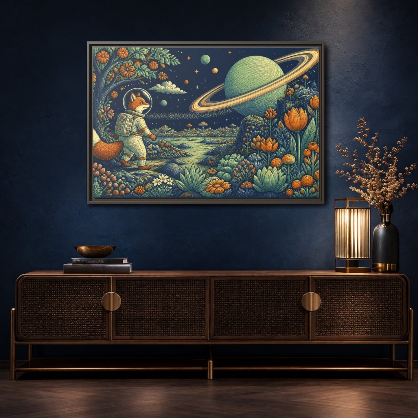 Fox Astronaut Kids Room Framed Canvas Print – Playroom Wall, Navy, Orange, Mint - YesArtYes
