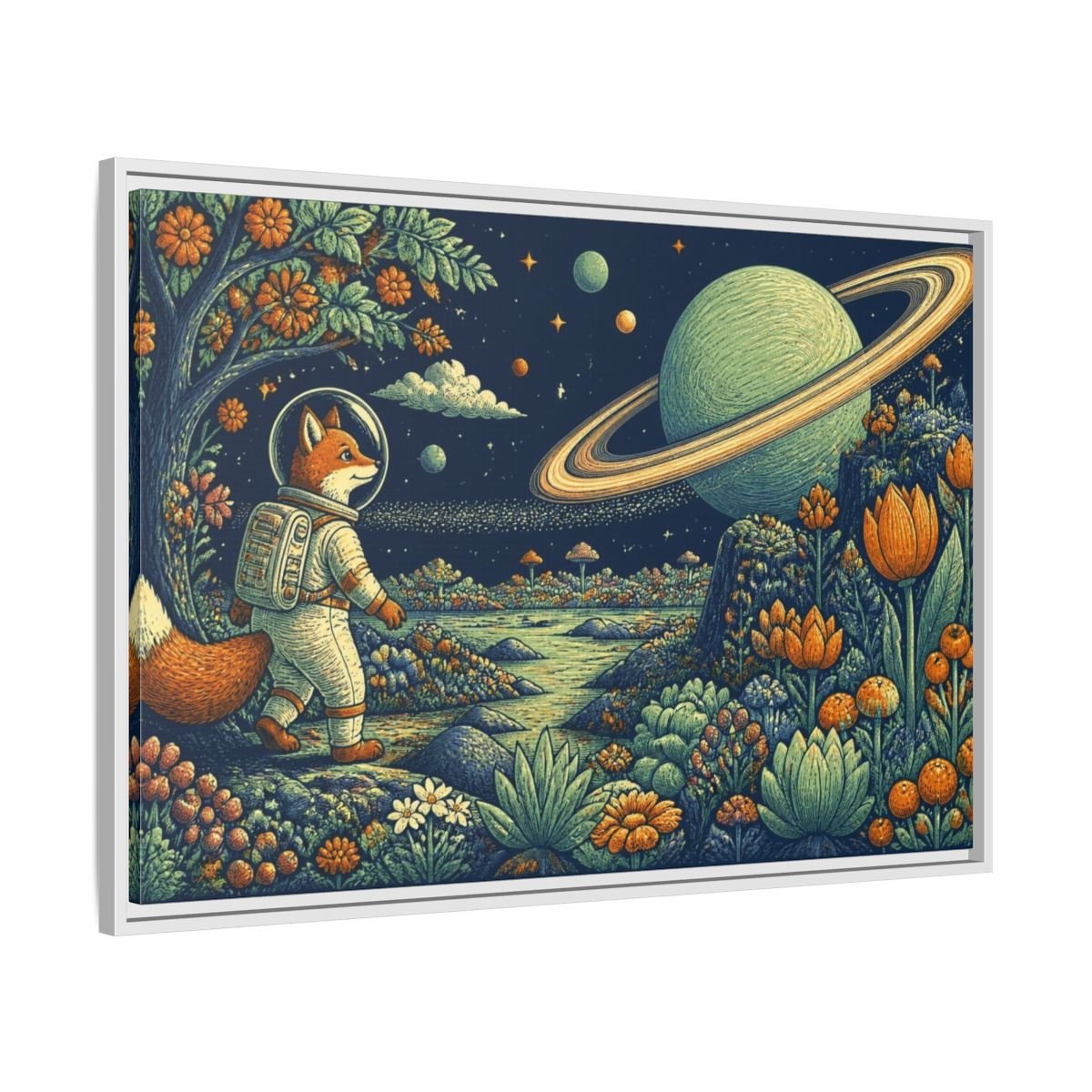 Fox Astronaut Kids Room Framed Canvas Print – Playroom Wall, Navy, Orange, Mint - YesArtYes