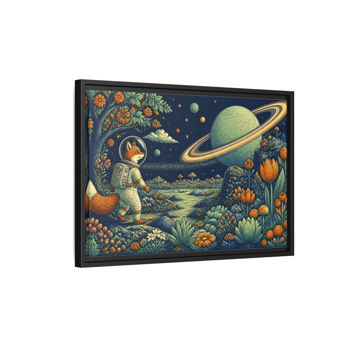 Fox Astronaut Kids Room Framed Canvas Print – Playroom Wall, Navy, Orange, Mint - YesArtYes