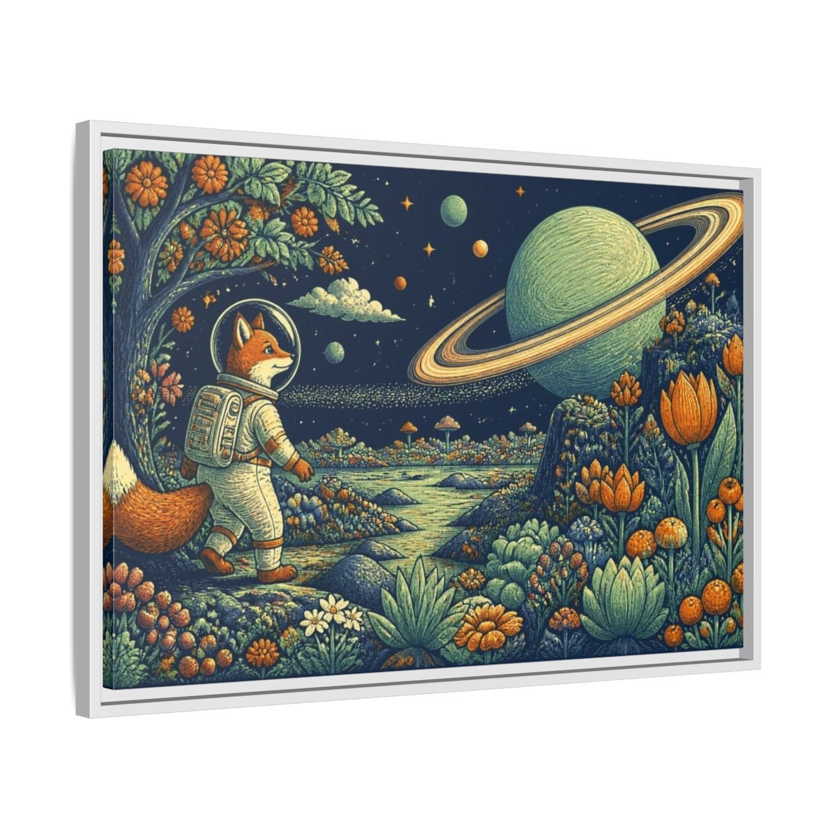 Fox Astronaut Kids Room Framed Canvas Print – Playroom Wall, Navy, Orange, Mint - YesArtYes