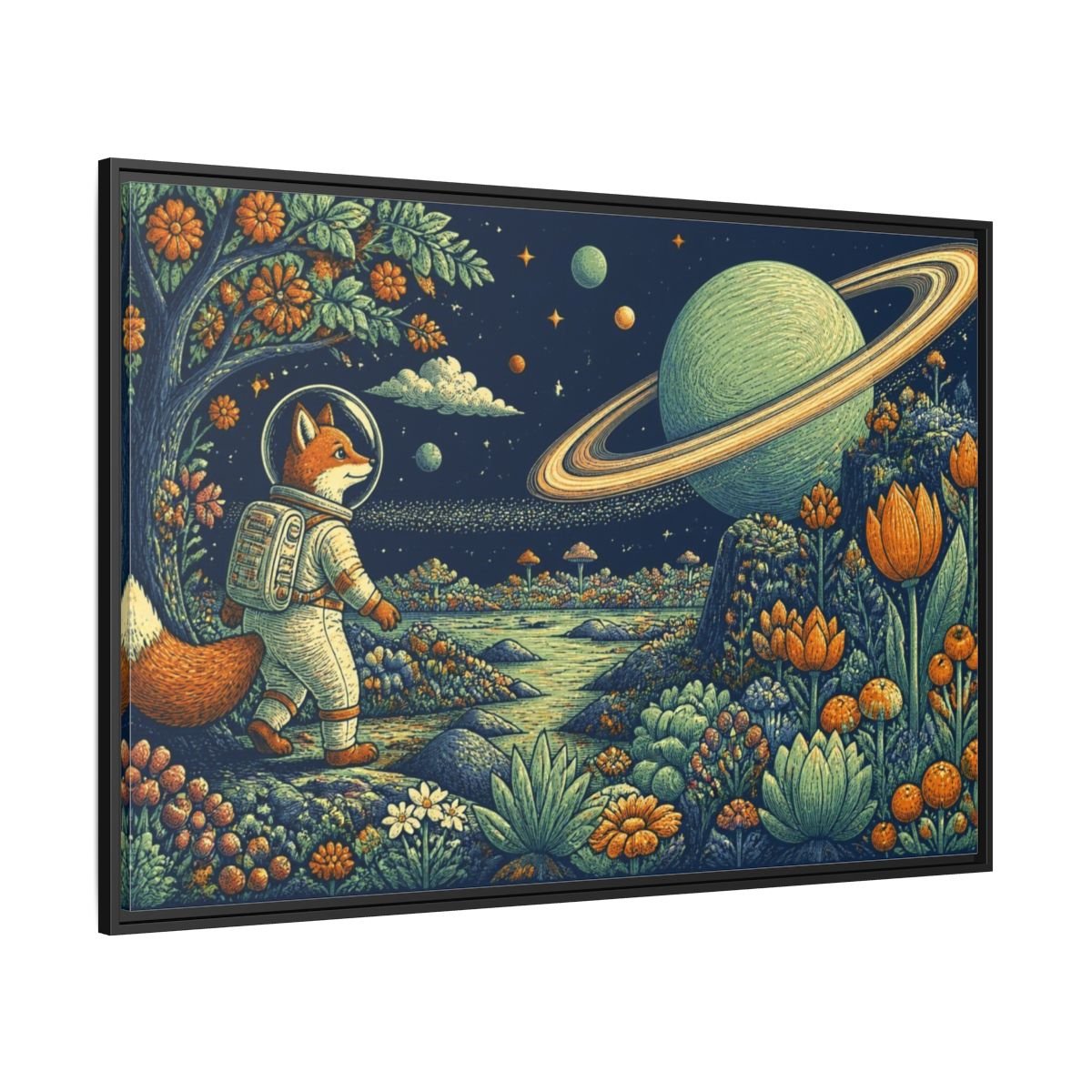 Fox Astronaut Kids Room Framed Canvas Print – Playroom Wall, Navy, Orange, Mint - YesArtYes