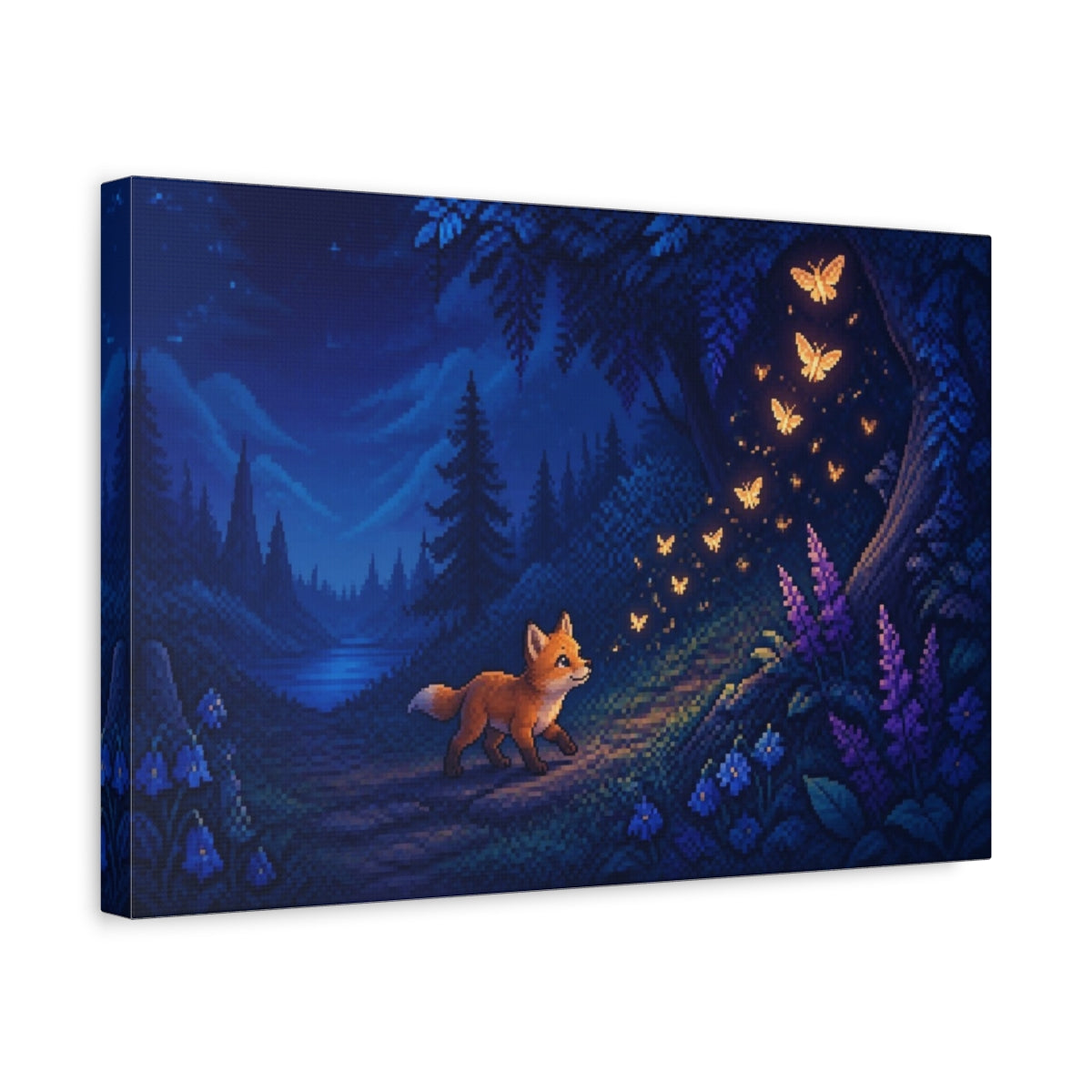 Side Mockup 4. Fox Cub And Glowing Moths shown as canvas print