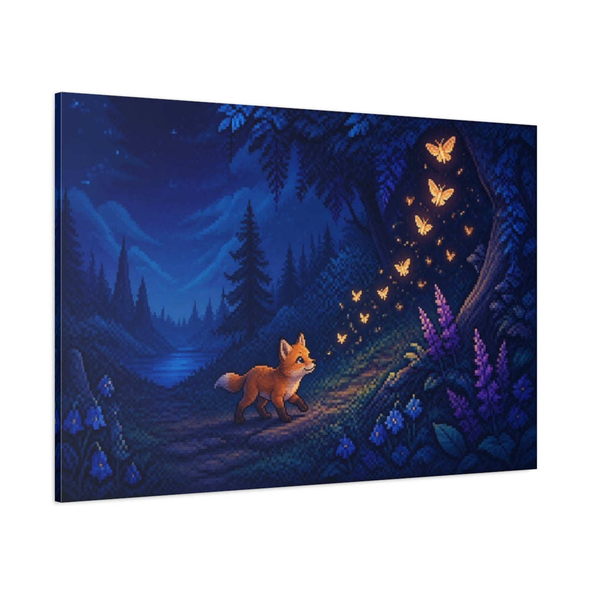 Side Mockup 1. Fox Cub And Glowing Moths shown as canvas print