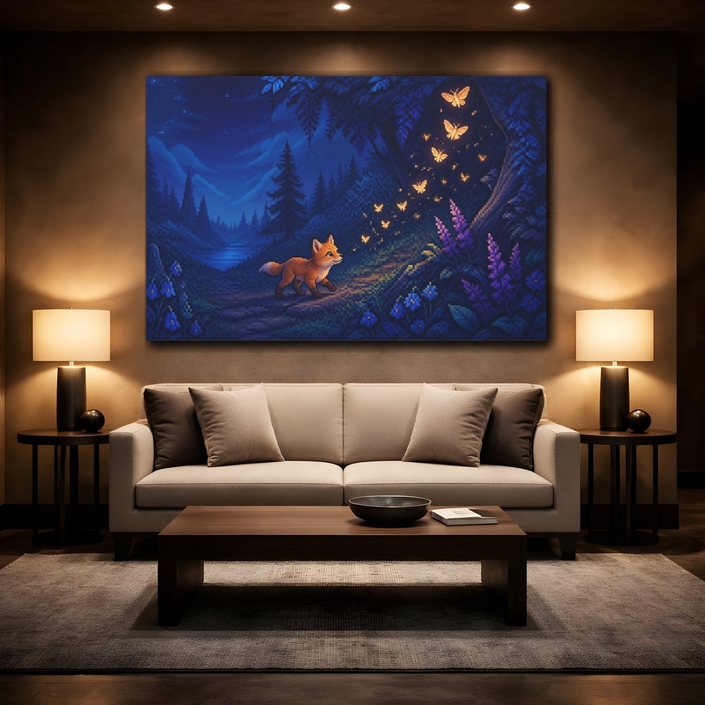 Mockup 2. Fox Cub And Glowing Moths shown as canvas print
