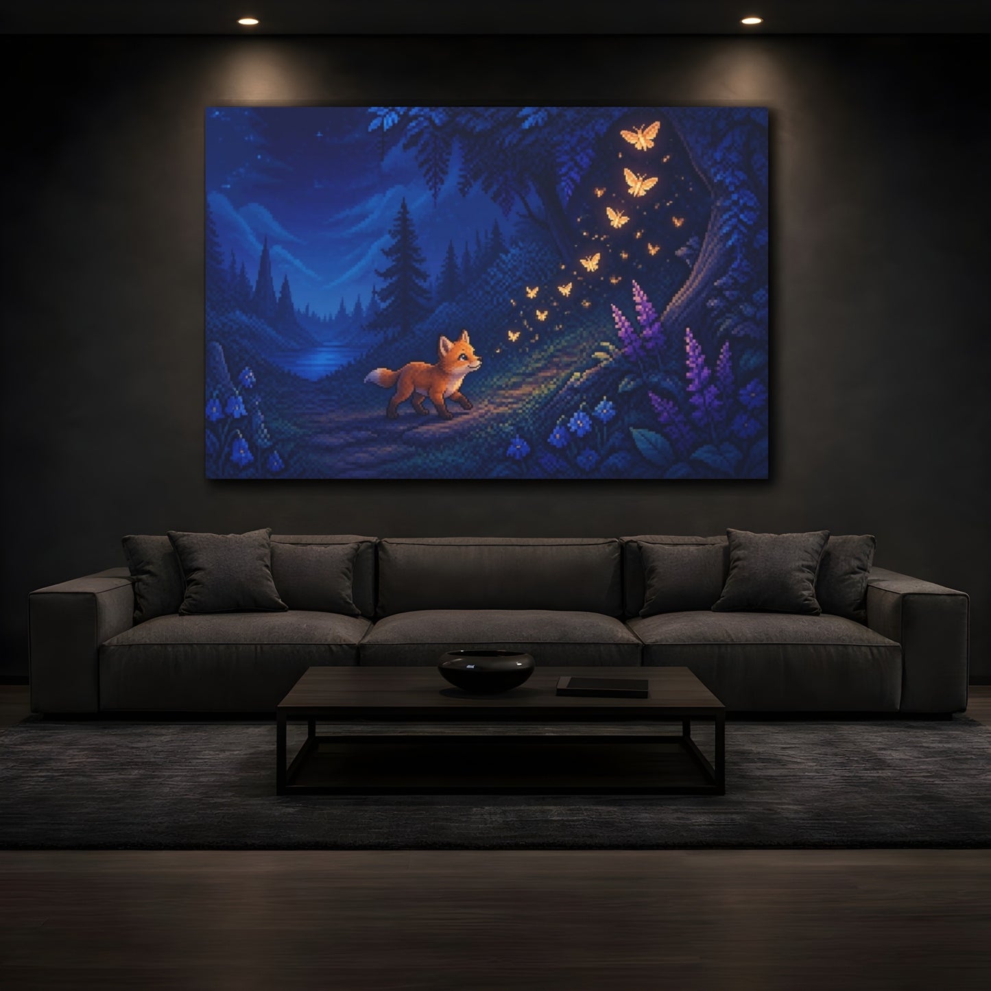Mockup 3. Fox Cub And Glowing Moths shown as canvas print